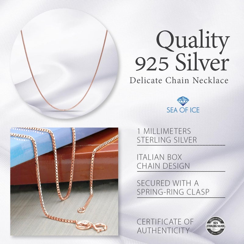 SEA OF ICE Chain Necklace 925 Sterling Silver with Rose Gold Chain & Ring Clasp Closure, Italian Box Necklace Chain Necklace for Women & Men, Rose Gold Necklace, 20" - Image 5